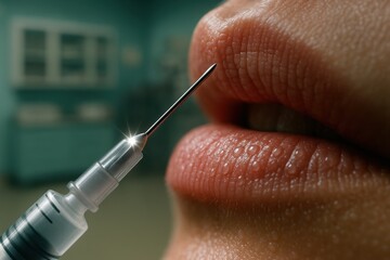Close-up of syringe near lips in cosmetology aesthetic procedure setting