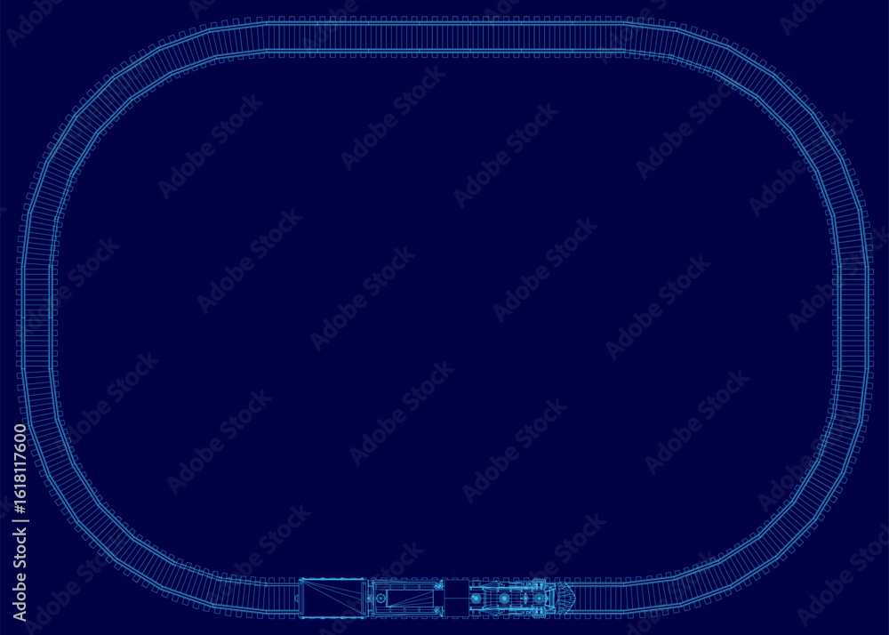 Poster a toy train blueprint features white wireframe rails on a clean blue background, showcasing precise 
