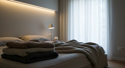 Cozy Bedroom Scene with Warm Lighting and Folded Blankets on the Bed