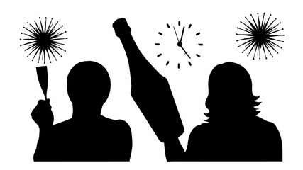 Silhouetted figures celebrate new year with champagne, clock, and sparklers in monochrome illustration | editable eps vectors