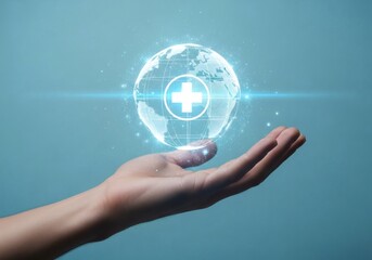 A hand holds a glowing holographic globe with a medical cross