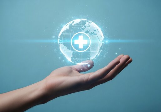 A hand holds a glowing holographic globe with a medical cross