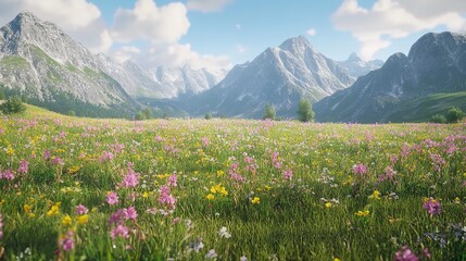 Obraz premium A vibrant meadow filled with wildflowers beneath towering mountains on a sunny day with blue sky