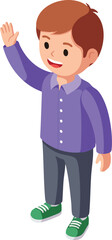 Fototapeta premium Young boy waving hand in purple shirt and green shoes cheerful vector illustration 