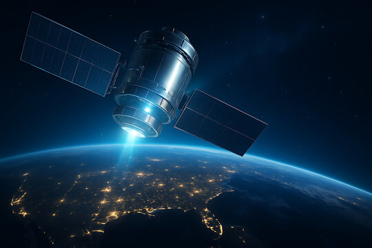 Powerful satellite scanning earth from space above north america using advanced solar panels and laser communication beam under starfield sky