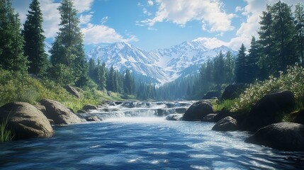 A scenic view of a river flowing through a forest with snow capped mountains in the background under a blue sky