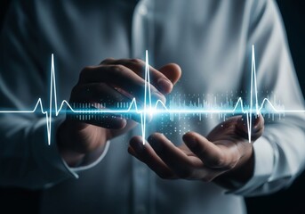 A person holding a glowing blue electrocardiogram waveform