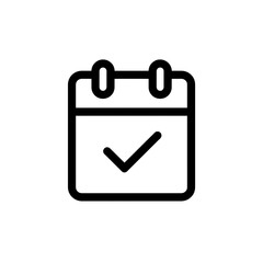 Simple black outline icon of a calendar with a checkmark symbol indicating a completed task or event isolated on white background