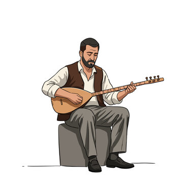 Turkish man playing saz on street corner in minimalist black and white vector illustration, simple line drawing with focused and cultural music theme