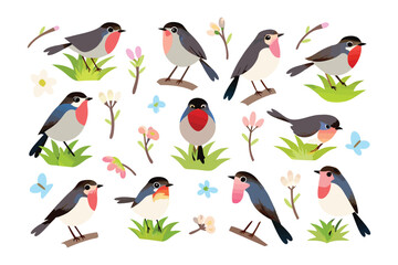Collection of Robins Illustrations: A captivating collection showcases adorable robins in various poses, each a vibrant testament to the beauty of nature, presented through playful illustrations.