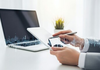 A person uses a tablet and stylus next to a laptop with a stock graph overlay