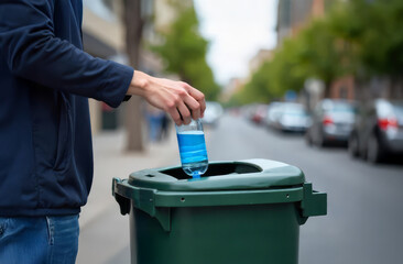 Throwing bottle in green bin. Waste management on street. Recycling action.