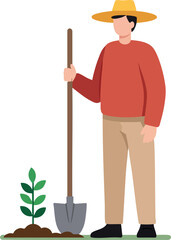 Male Gardener Holding Shovel Standing Next to Small Plant Growing Vector Illustration 