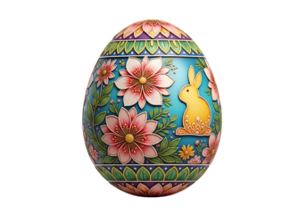 Ornate easter egg decorated with flowers and a rabbit.