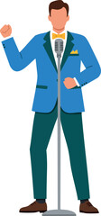 Fototapeta premium Man in blue suit singing with microphone vector illustration in formal attire 