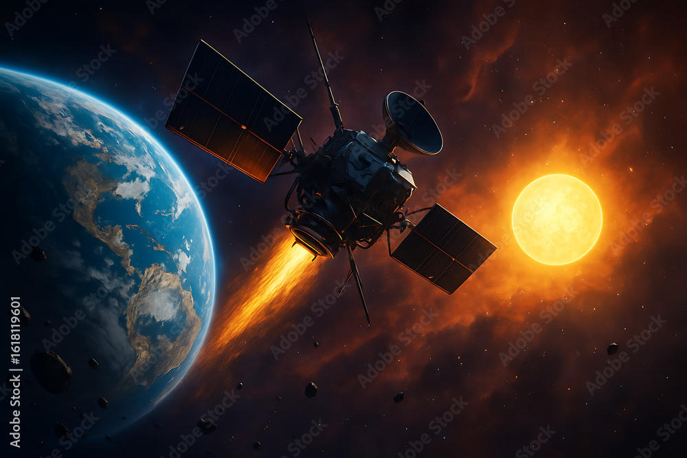 Poster powerful satellite flying between planet and sun with solar flares and asteroid debris field in oute