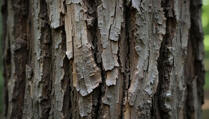 Fototapeta premium Close-up texture of rough oak tree bark, deep vertical ridges, brown and gray tones, high detail, natural forest lighting.
