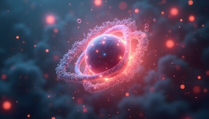 Abstrakte Visualisierung eines Moleküls mit energiereichen Elektronenbahnen  
