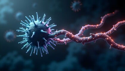 Darstellung eines Virus mit DNA-Strang auf mikroskopischer Ebene  
