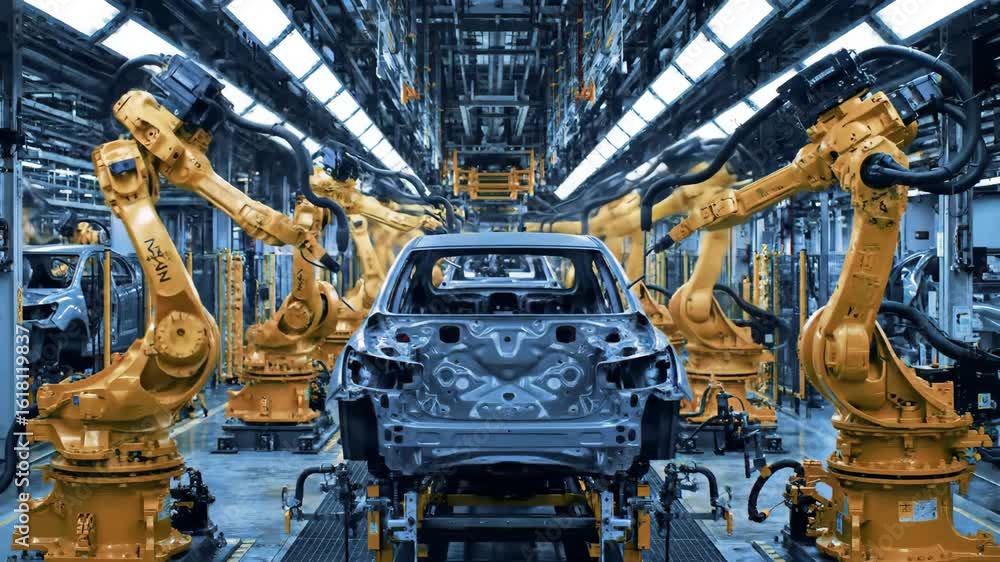 Poster automated car manufacturing assembly line with multiple robotic arms working on vehicle chassis. ind