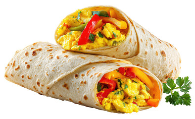 Two breakfast burritos stacked, filled with scrambled eggs and bell peppers