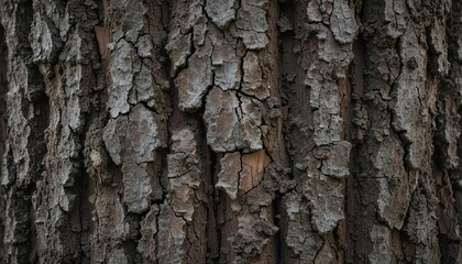 Fototapeta premium Macro view of cracked elm tree bark, dark brown base with rugged raised patterns, full-frame texture.
