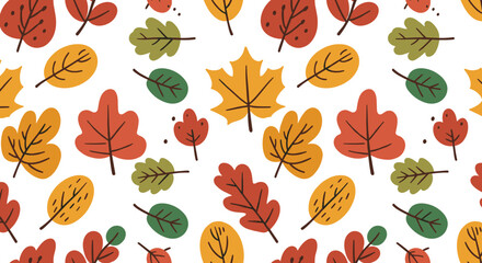 Vector pattern of autumn leaves in whimsical children’s book style with soft outlines and playful rhythm on white background