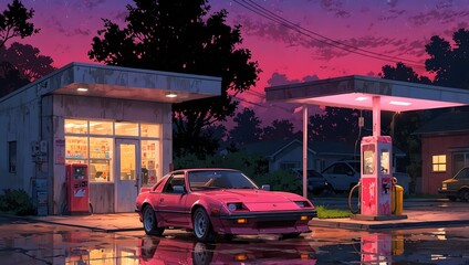 Pink sports car at a suburban gas station at sunset, retro 80s anime style illustration