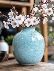 Light teal ceramic vase with blossoms