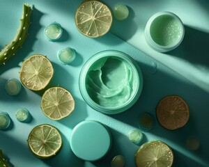 Light teal skincare jar surrounded by lime slices and aloe vera