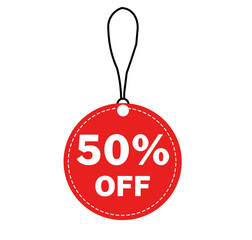 50% off red sale badge with bold discount text and promotional sticker label for store marketing isolated on white background