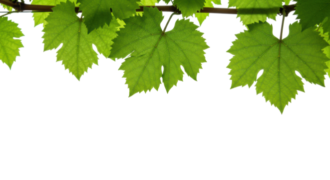 Fresh, vibrant green grape vine leaves with intricate veins and a sturdy light brown branch, isolated on a transparent background with ample copy space bottom left, captured with even lighting and no