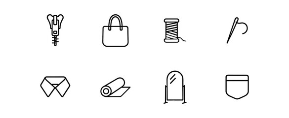 Fashion and sewing line icon set for tailoring, accessories, crafting projects