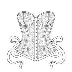 Lace corset with floral patterns and satin ribbons flat vector illustration, elegant silhouette and clean lines, isolated on white background