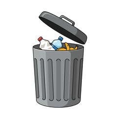 Metal trash can with open lid flat vector illustration, simple and clean style showing generic items inside, isolated on white background