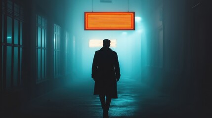 A mysterious figure walks through a foggy corridor, illuminated by glowing neon lights, creating an atmospheric and cinematic scene.
