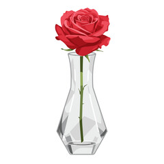 Single red rose in faceted crystal vase flat vector illustration with realistic reflections and soft color palette on white background