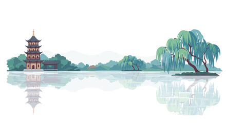 West Lake Hangzhou with iconic pagodas and willow trees reflected in calm water flat vector illustration, soft pastel palette, isolated on white background 
