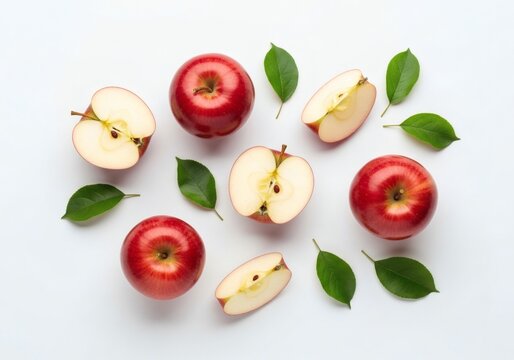 A topdown view of several red apples whole and halved scattered with green leaves on a white background - Powered by Adobe