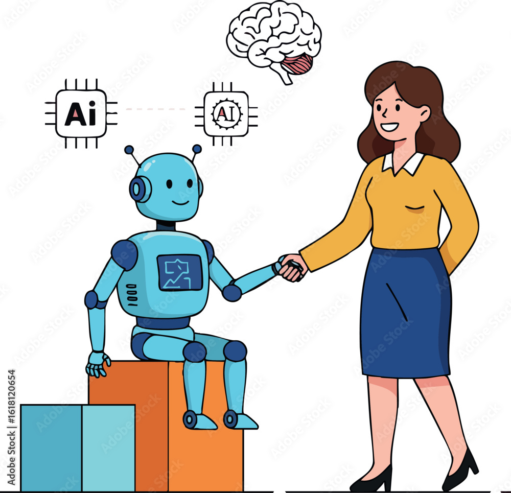 Poster human and robot collaboration handshake with artificial intelligence concept vector illustration