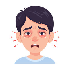 Character with visibly dry or itchy eyes flat vector illustration with animated motion lines near the eye and nose area, stylized and expressive, on white background 