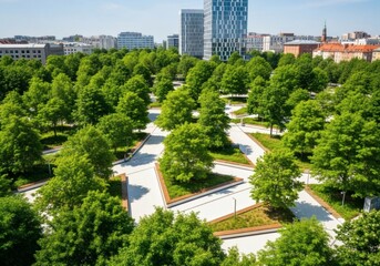 A vibrant green park with modern buildings in the background