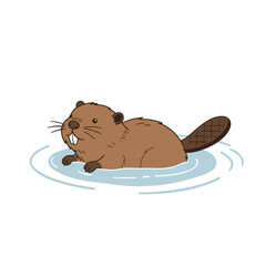 Playful baby beaver swimming with ripples around flat vector illustration in simplified natural style on white background