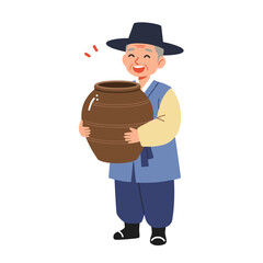 Elderly street vendor with friendly expression holding rice wine jar flat vector illustration in traditional clothing during festival on clean white background 