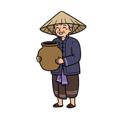 Street vendor holding rice wine jar with friendly expression flat vector illustration in traditional clothing during festival on clean white background 