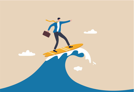 Follow business trend or momentum, challenge to overcome difficulty, professional experience worker or career development concept, expert businessman surfing or riding wave to success direction.