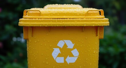 Bright yellow recycling bin covered in raindrops embodies eco-consciousness and a commitment to sustainability for a healthier planet