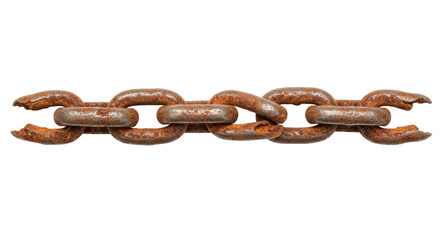 Obraz premium Old, heavily rusted metal chain segment with reddish-brown corrosion, abrasions, and chipped surfaces, isolated on a transparent background with no shadows, studio lighting, slightly high-angle