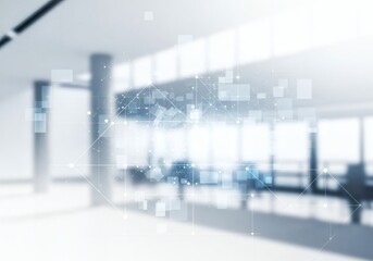 Abstract network overlay on a blurred modern office interior