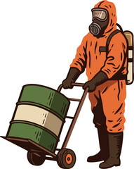 Hazmat Suit Worker Handling Toxic Waste Barrel with Protective Gear and Gas Mask Vector Illustration 